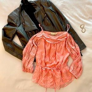 REBECCA TAYLOR COLD SHOULDER CINCHED WAIST BLOUSE